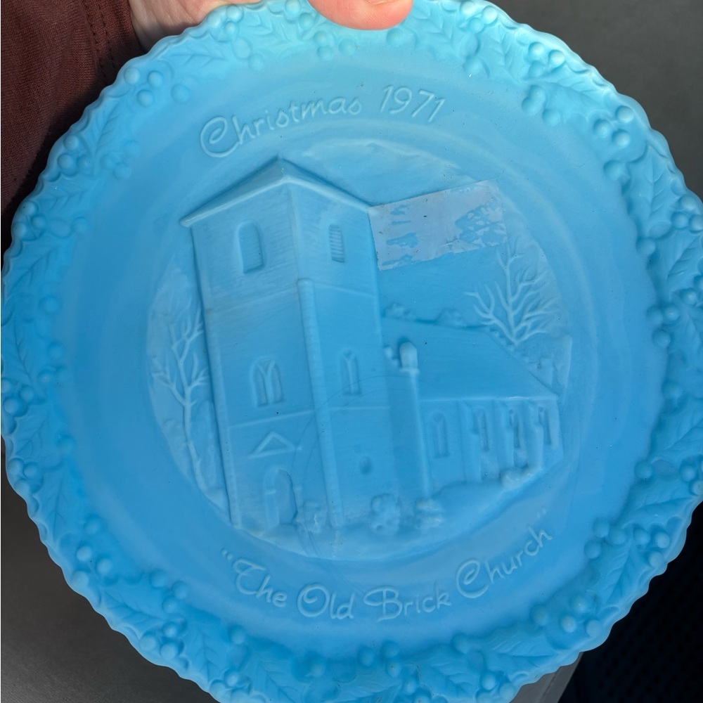 Blue satin Fenton Christmas 1971 Decorative Plate - The Old Brick Church
